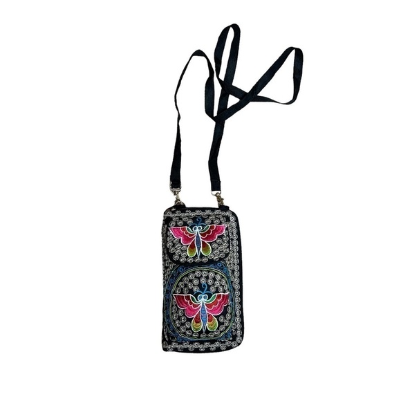 Embroidered Crossbody Wallet w/ Detachable Ribbon Style Strap - Picture 1 of 15
